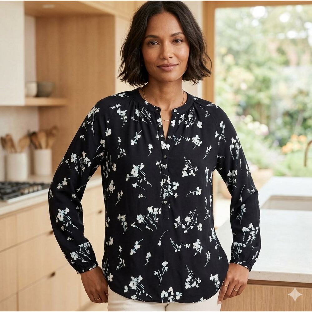 J.Crew Drapey Floral Long Sleeve Popover Shirt Blouse Black Size XS